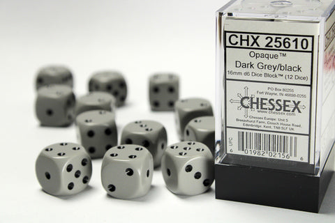 Dice Block Opaque - 16mm (12) - Dark Grey / Black - STUFFHUNTER