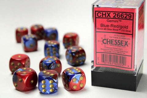 Dice Block Gemini - 16mm (12) - Blue-Red / Gold - STUFFHUNTER