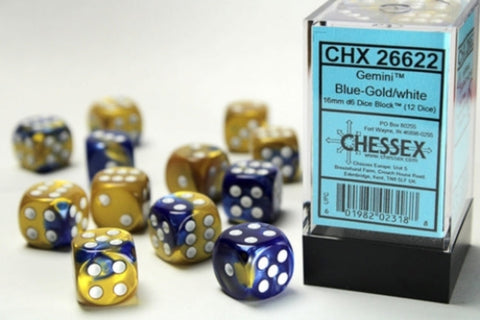 Dice Block Gemini - 16mm (12) - Blue-Gold / White - STUFFHUNTER