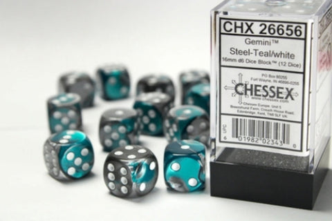 Dice Block Gemini - 16mm (12) - Steel-Teal / White - STUFFHUNTER